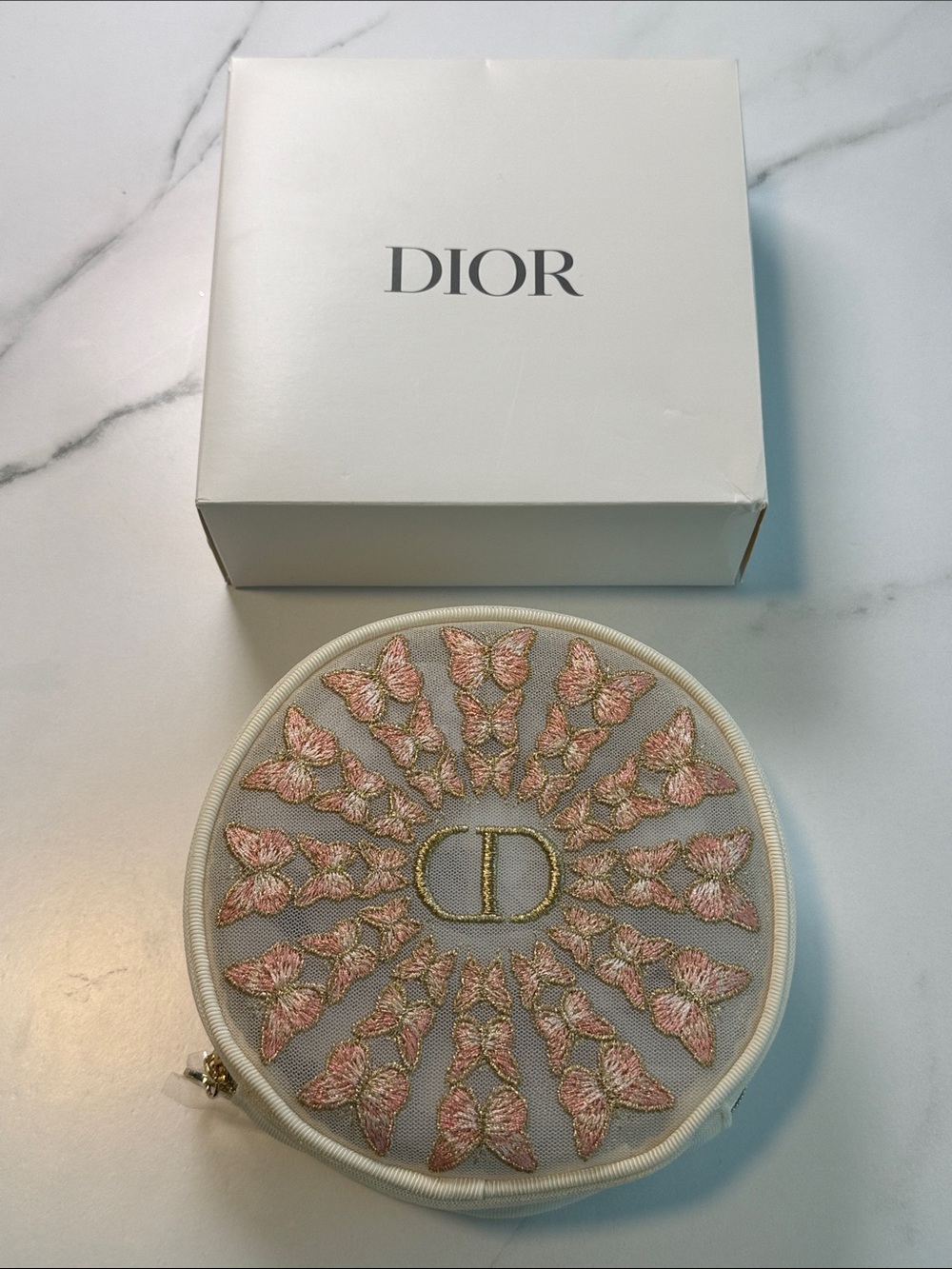 Dior Cream Round Pouch with Pink Butterfly Embroidery